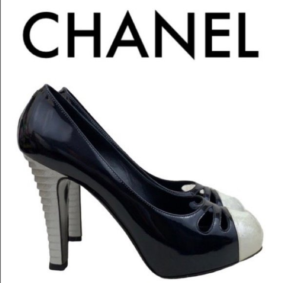 CHANEL Shoes - CHANEL BLACK WHITE SILVER HEELS SIZE 10